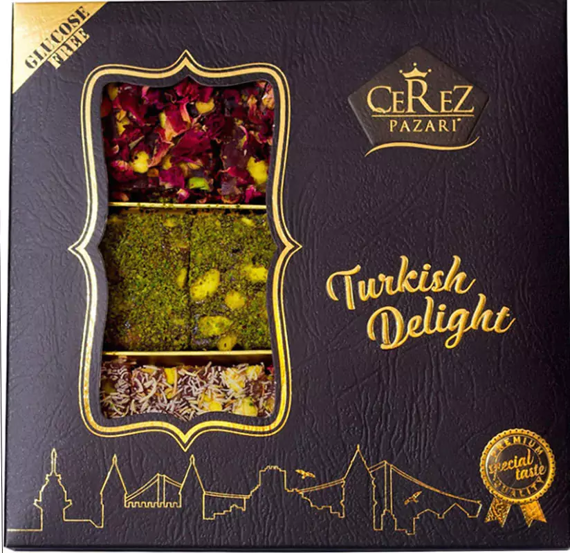 GOURMET ROSE, PISTACHIO AND POMEGRANATE TURKISH DELIGHT - 9 PIECES - HALAL FOOD - ISLAMIC GIFT BOX RAMADAN/EID GIFT FOR WIFE/HUSBAND - RAMADAN/EID CORPORATE GIFT - EID CORPORATE HAMPERS - EID MUBARAK HAMPERS - EID GIFT FOR SISTER/BROTHER - EID GIFT