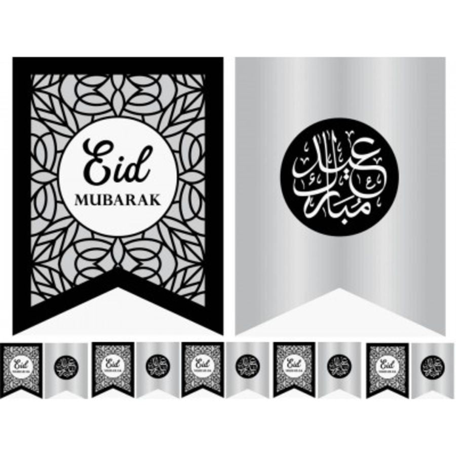 10X FLAGS EID MUBARAK SLIVER & BLACK - EID MUBARAK BANNER - ISLAMIC CELEBRATION DECORATIONS - EID CELEBRATION SUPPLIES - MUSLIM CELEBRATION DECOR