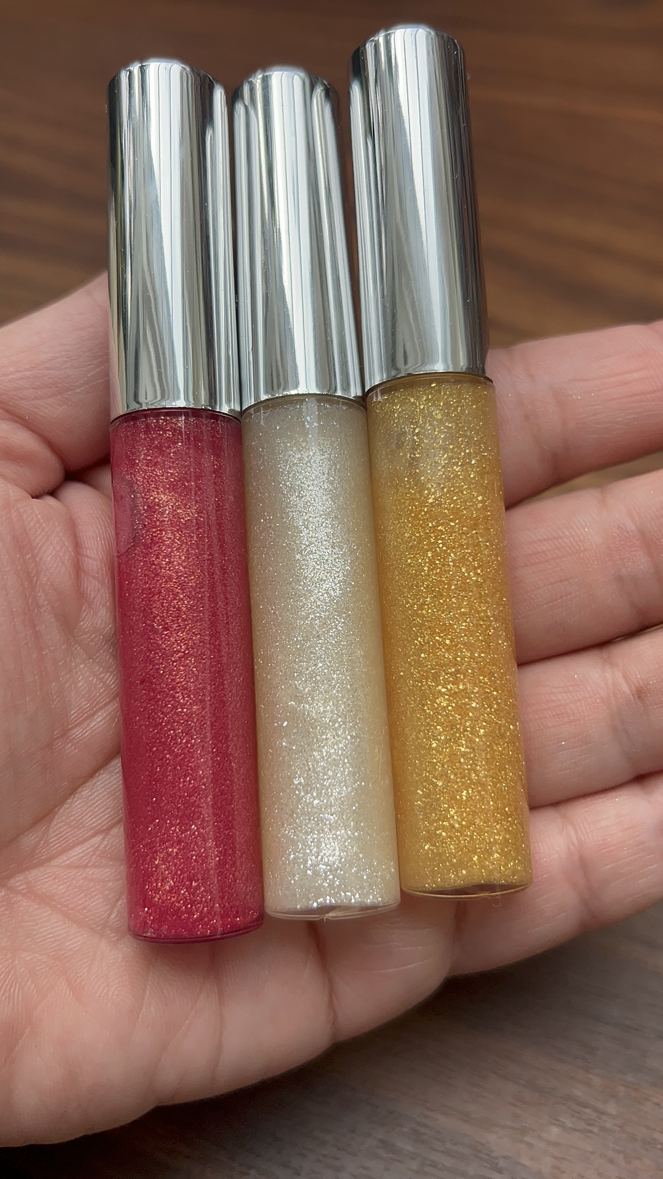 Handmade Natural Glitter Lip Gloss – Pink, Gold & Silver Shimmer \| Non-Sticky, Hydrating Gloss