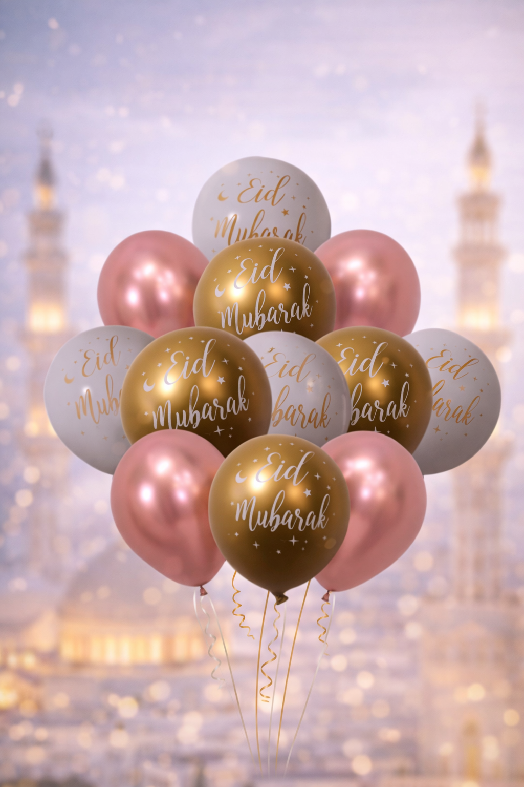 Eid Mubarak Balloon Pack - Gold, Pearl White & Rose Gold (12 Pieces)