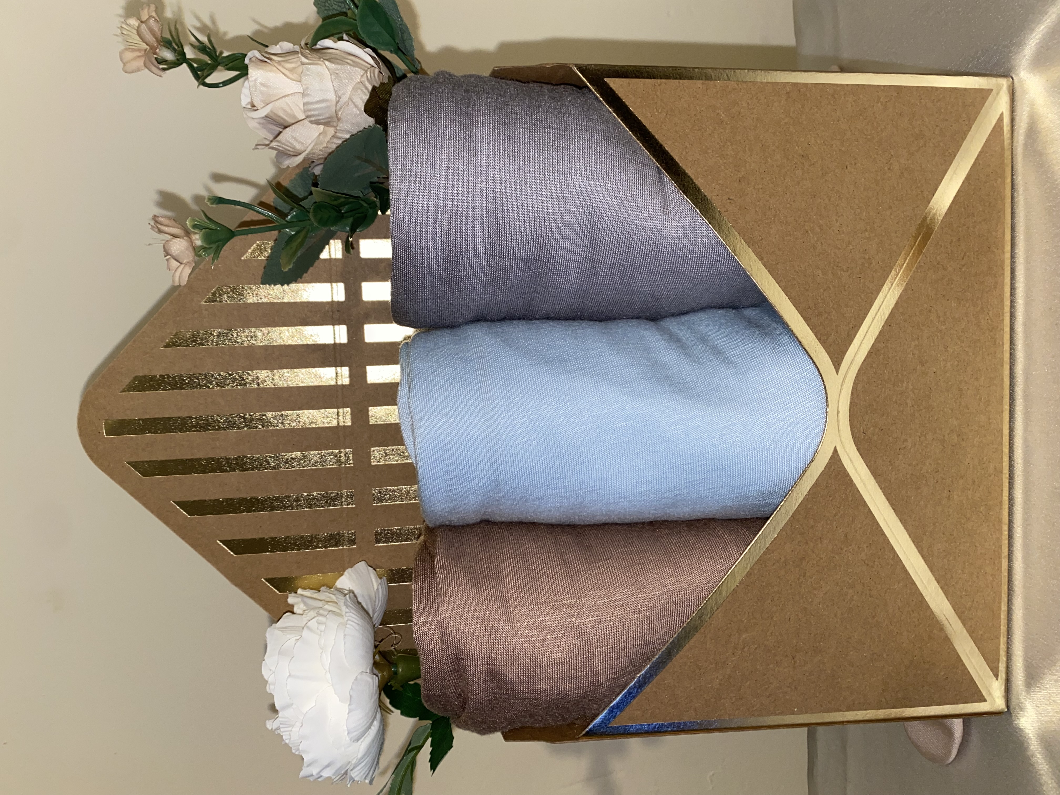 Jersey hijab box - Set of 3 - Hijab gift box - Premium hijab bouquet - Hijab Hampers - Islamic Gift Perfect for Eid, Ramadan, Umrah, Mothers Day, New Mom, New Muslim, Muslim Revert - Hijab Bouquet For Her, Daughter, Wife, Sister, Mother