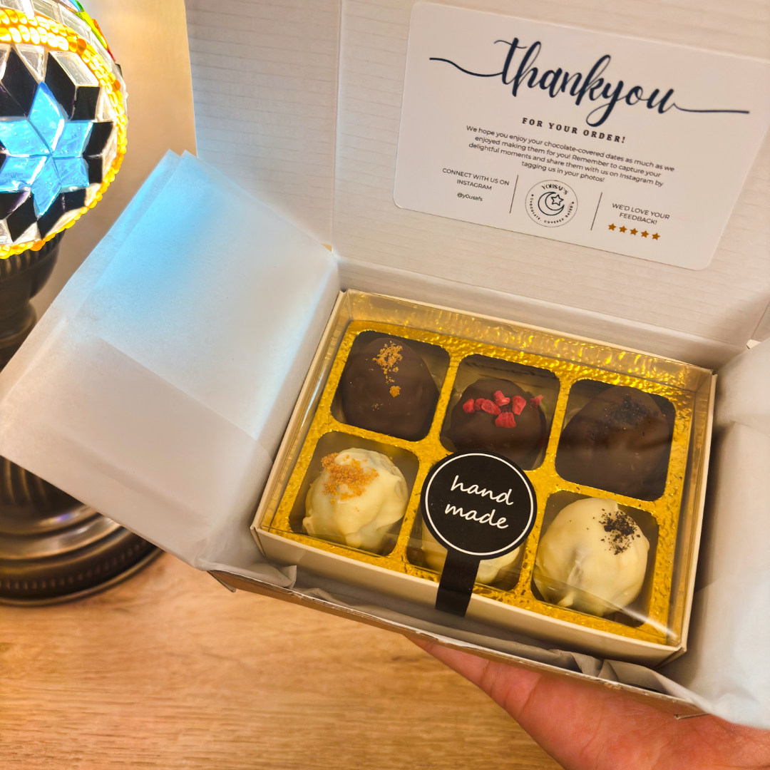 6 Chocolate Covered Medjool Date Bites - Halal Food - Luxury Eid and Ramadan Islamic Gifts - Eid Corporate Gift - Chocolate Dates