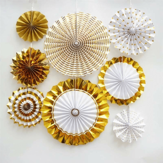 Gold & Silver Paper Fan Set — 8-Piece Eid Decoration