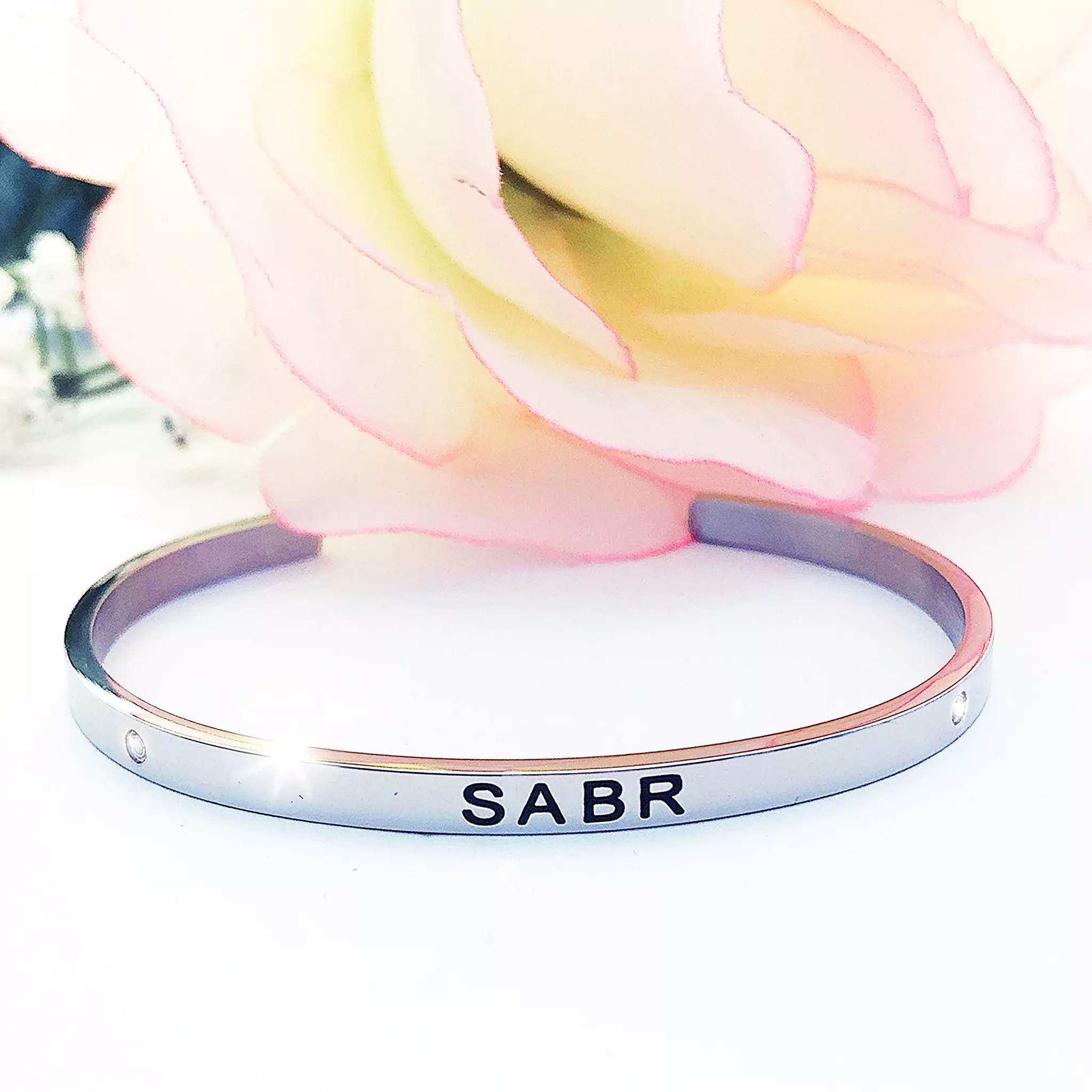 Patience Silver Tone Cuff Bangle \(Black Engraving\) - Stainless Steel