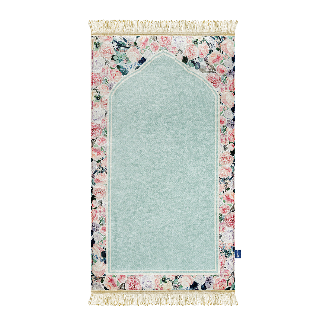 Adult Padded Prayer Mat with Soft Mint Floral Design by Urban Rugs UK - Padded Muslimah Prayer Mat - Comfortable Adult Prayer Rug - Islamic Prayer Mat - Hajj/Umrah Gifts - Ramadan/Eid Gifts