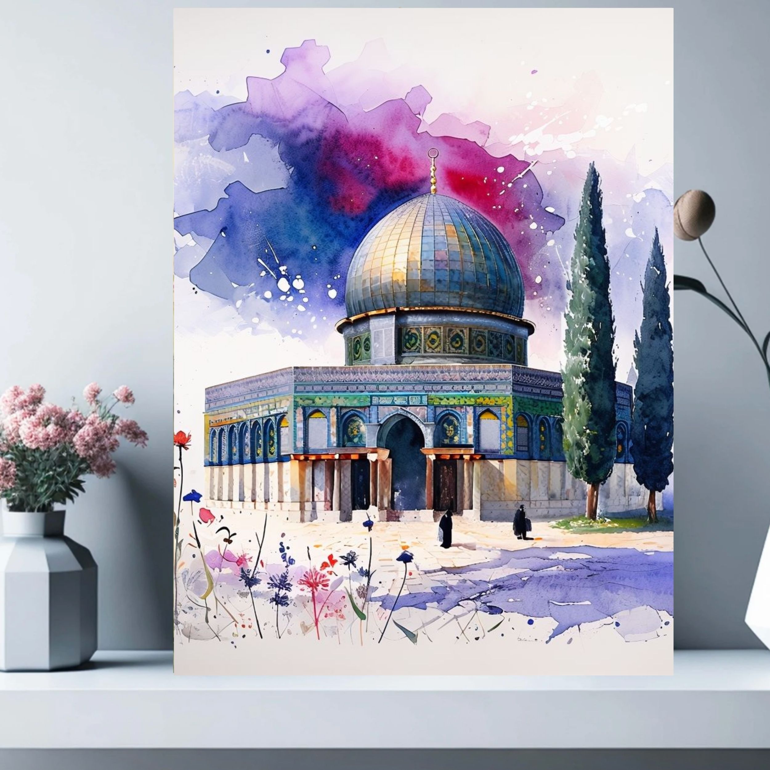 Al Aqsa Mosque Watercolor \| Purple Sky \| Downloadable Art \| Dome of the Rock Painting \| Muslim Islamic Decorative Art \| Modern Islamic Home \| Eid Day Gift Present