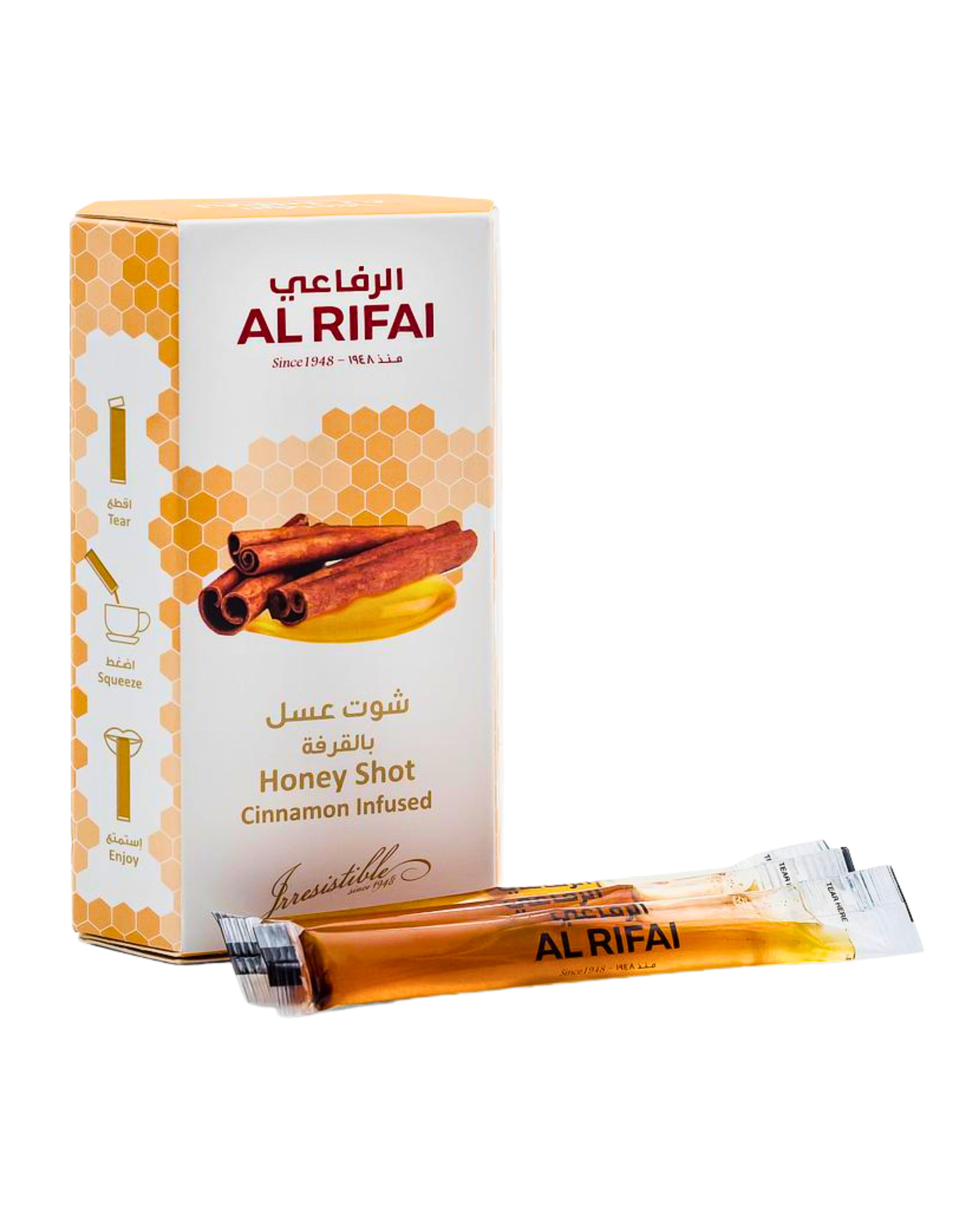 Al Rifai Cinnamon Honey Shots – 30 × 8g Natural Honey Sachets - Halal food - Ramadan Essentials - Iftaar food - Sunnah-inspired food - Cinnamon Honey