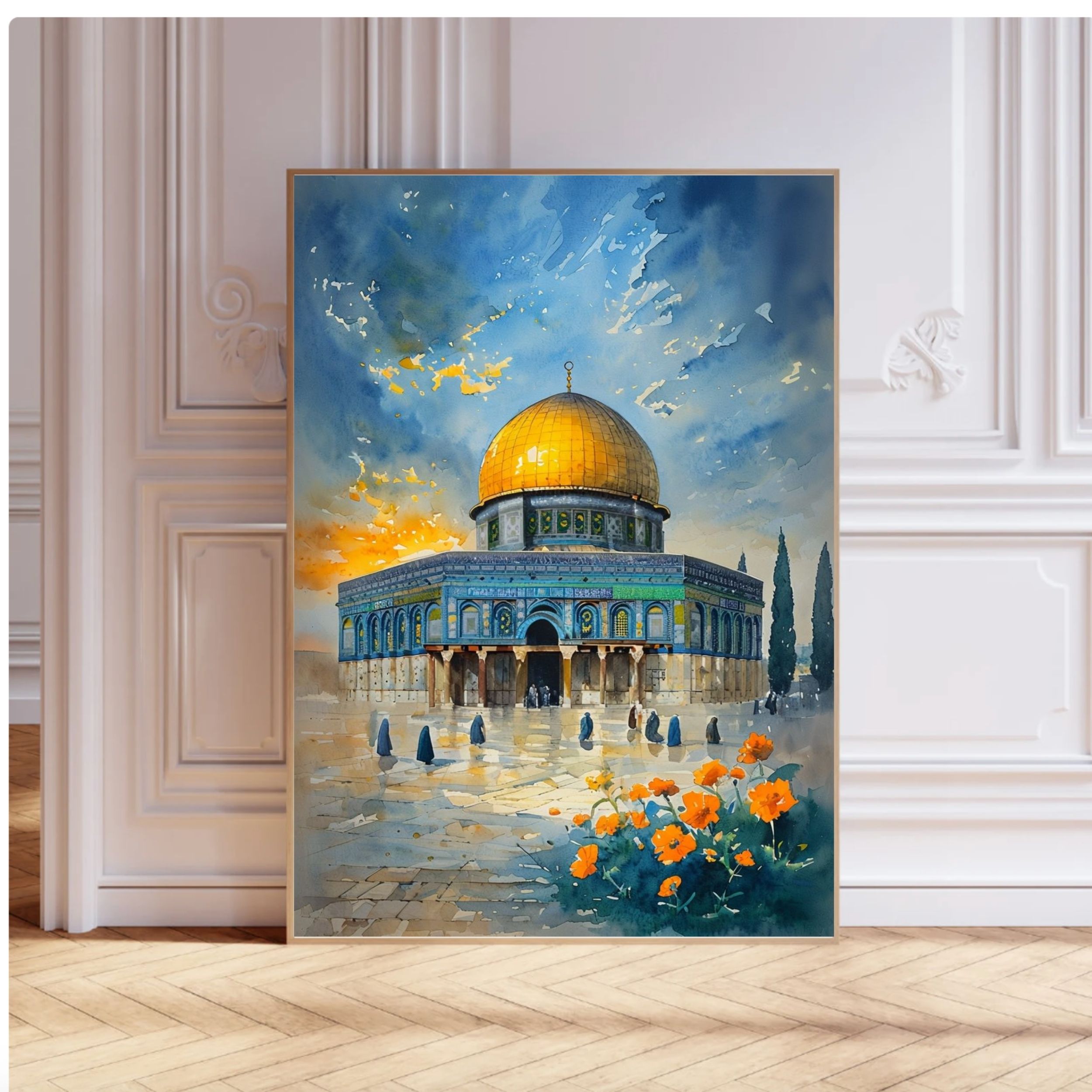 Al-Aqsa Mosque Blue Golden Sky Watercolor Print