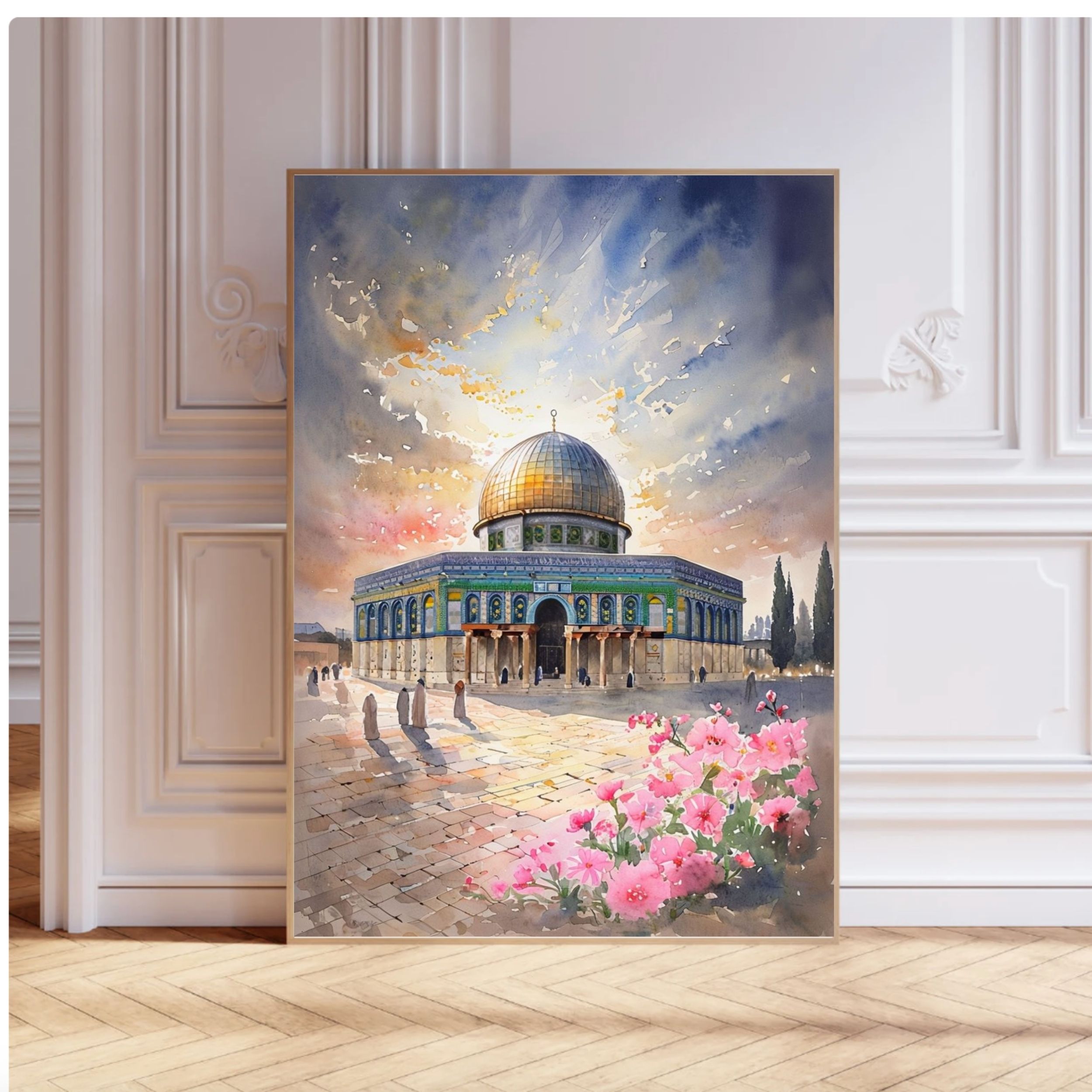 المسجد الأقصى بألوان الورد الذهبي — لوحة فنية إسلامية رقمية