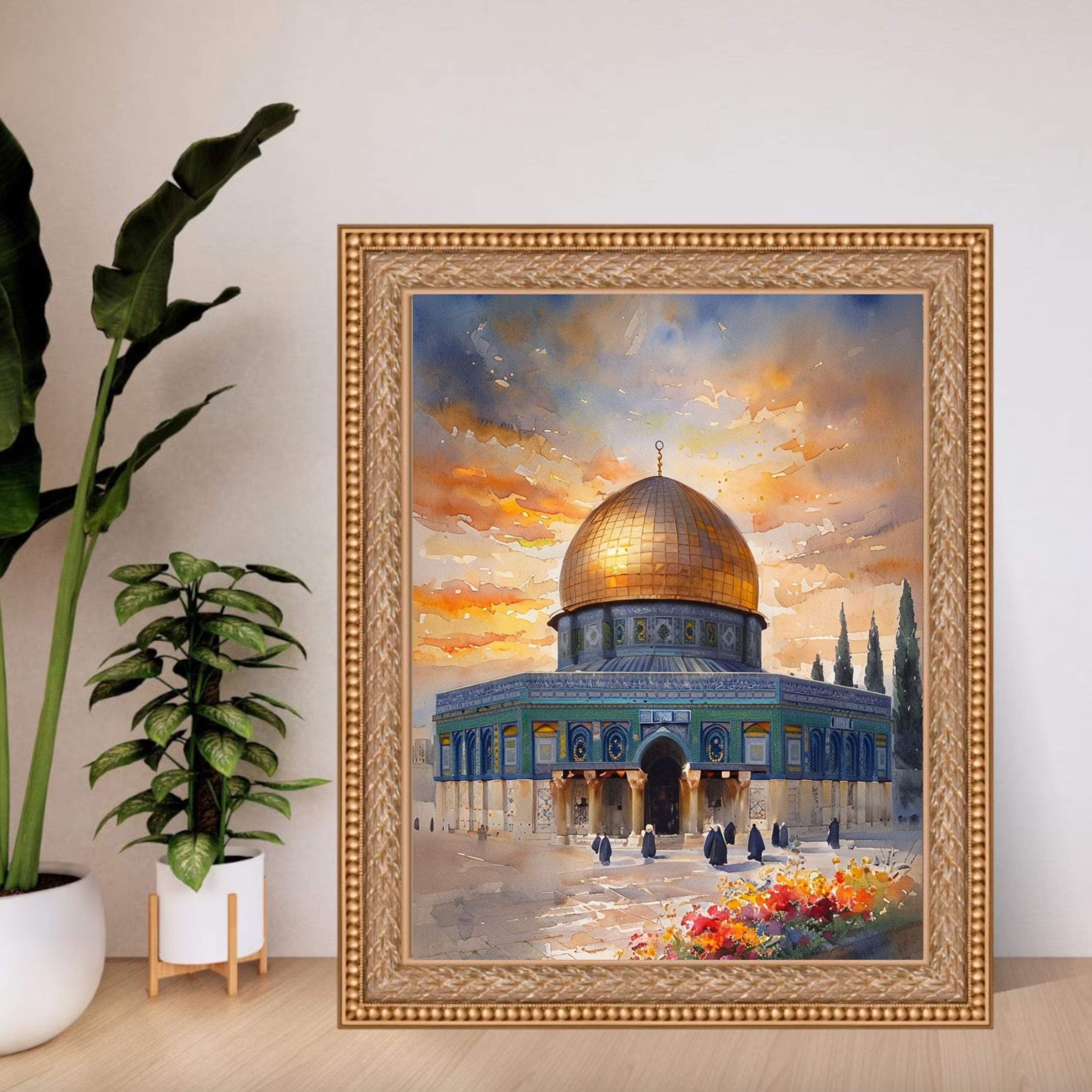 Al-Aqsa Mosque Golden Sky \| Watercolor Printable \| Digital Islamic Wall Art \| Sacred Masjid Poster \| Palestinian Decor \| Dome of the Rock