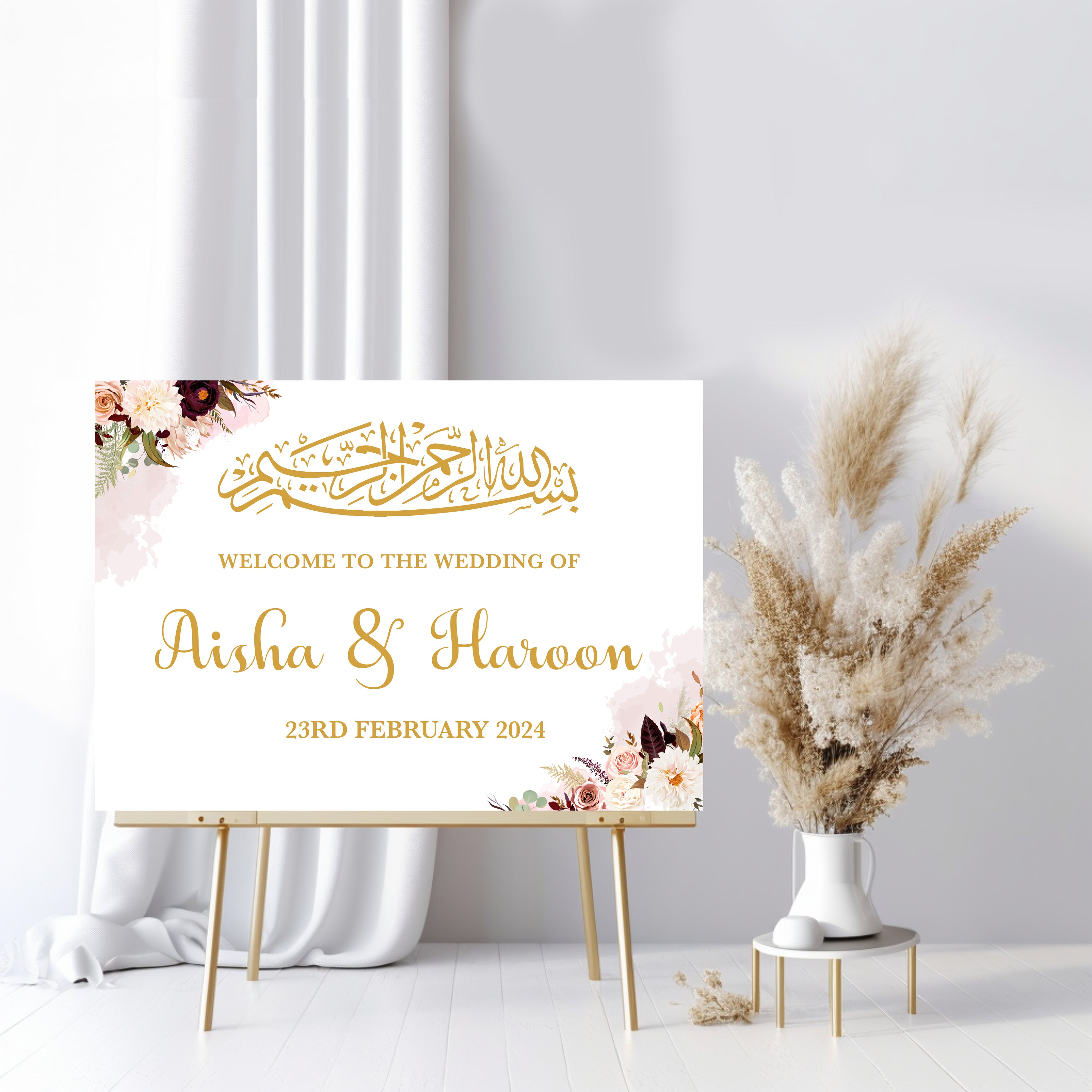 Personalised Bismillah Wedding Sign \| Foam Board Sign \| A1 A2 Foam Board \| Islamic Wedding Signage \| Floral Pink \| Custom Nikkah Sign \| Lansdcape