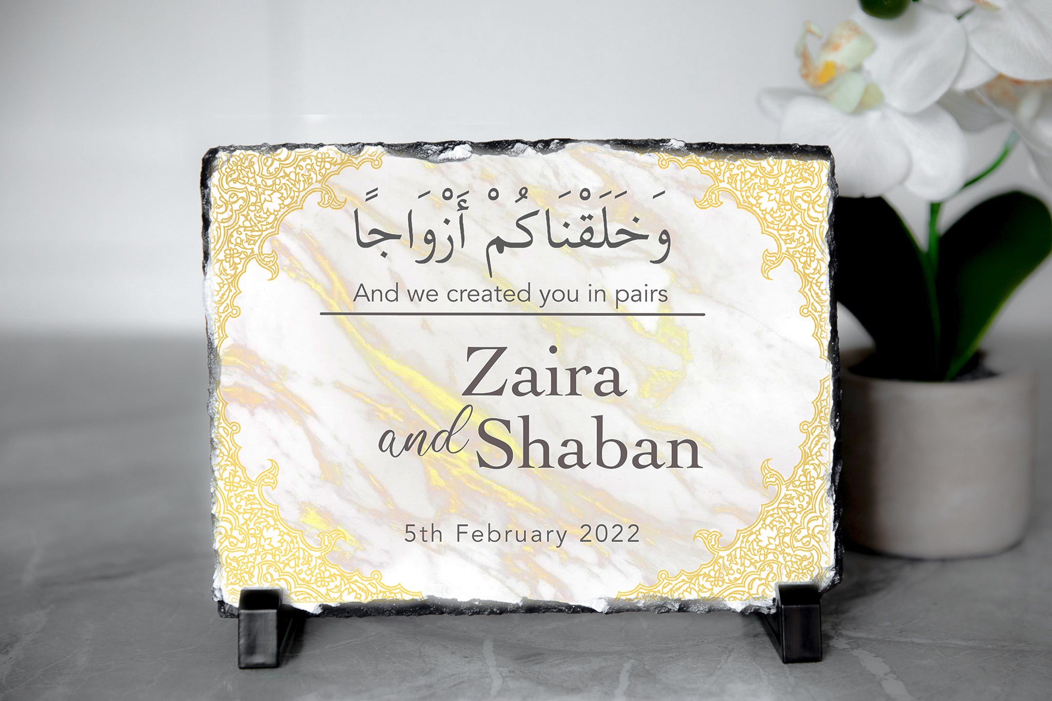 Personalised Gold Marble "We created you in Pairs" Rock Slate Gift \| Islamic Couple Gifts \| Nikkah Couple Gifts