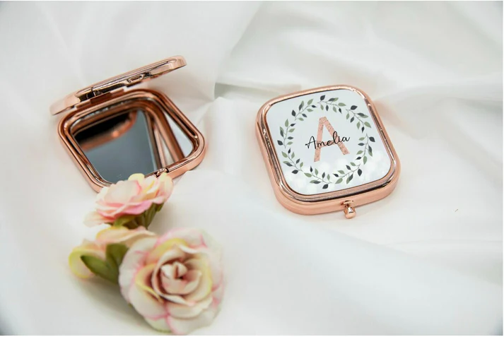 Personalised Initial and Name Square Rose Gold Compact Mirror - Nikkah Favour - Islamic Favour