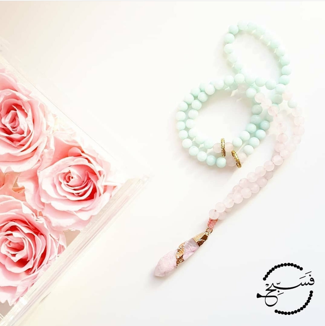 Rose Quartz & Amazonite Tasbih — 99 Prayer Beads