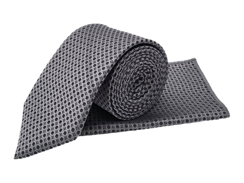 Geometric Tie and Pocket Square Set - Silver & Black