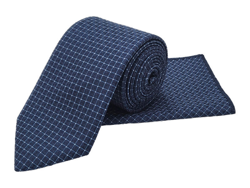 Geometric Tie & Pocket Square Set — Steel Blue