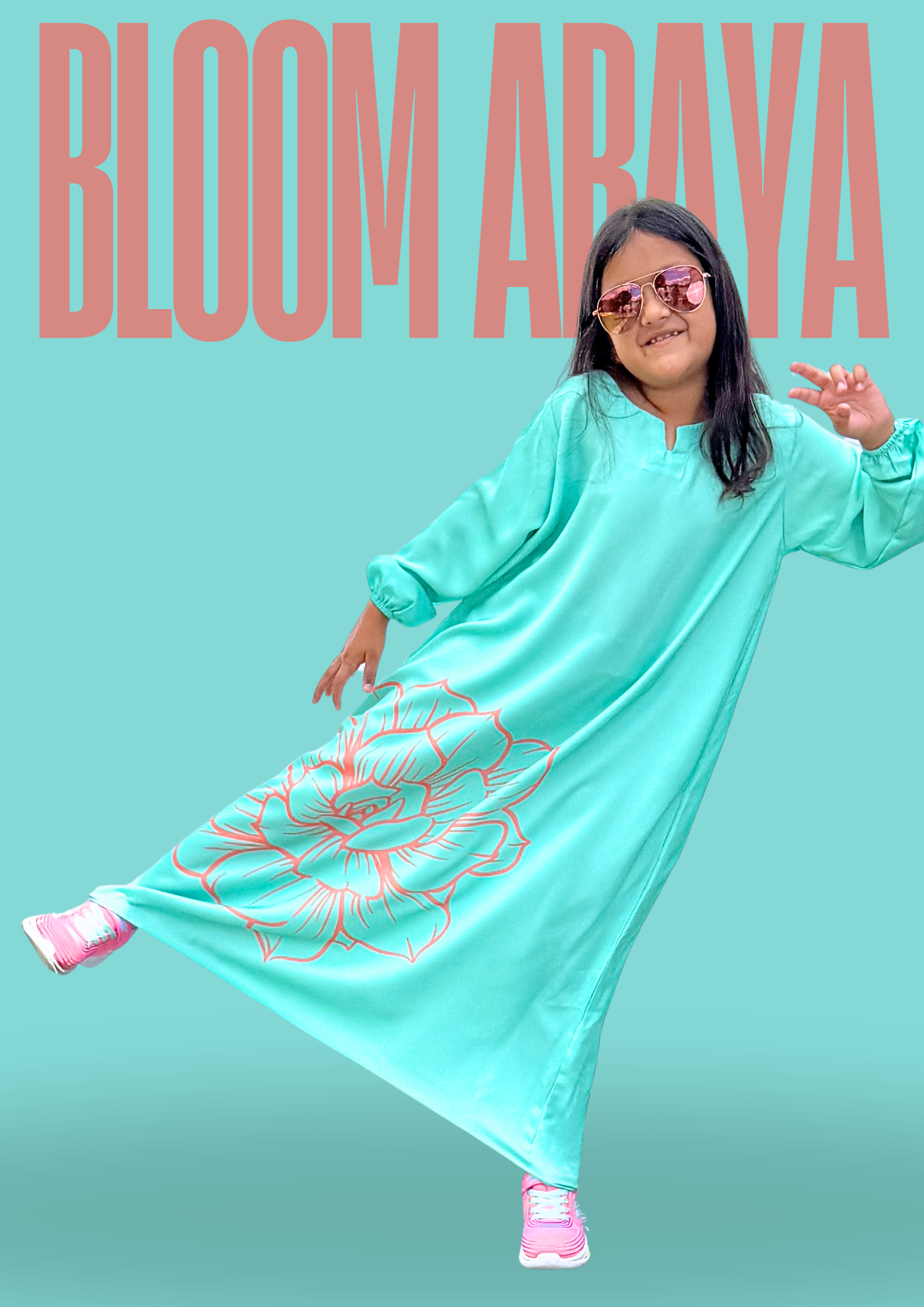 Turquoise Bloom Girls’ Abaya - Kids Modest Nida Abaya - Floral Girls Islamic Dress - Mint Turquoise Girls Abaya - Eid Girls Modest Wear - Abaya for Muslim Kids
