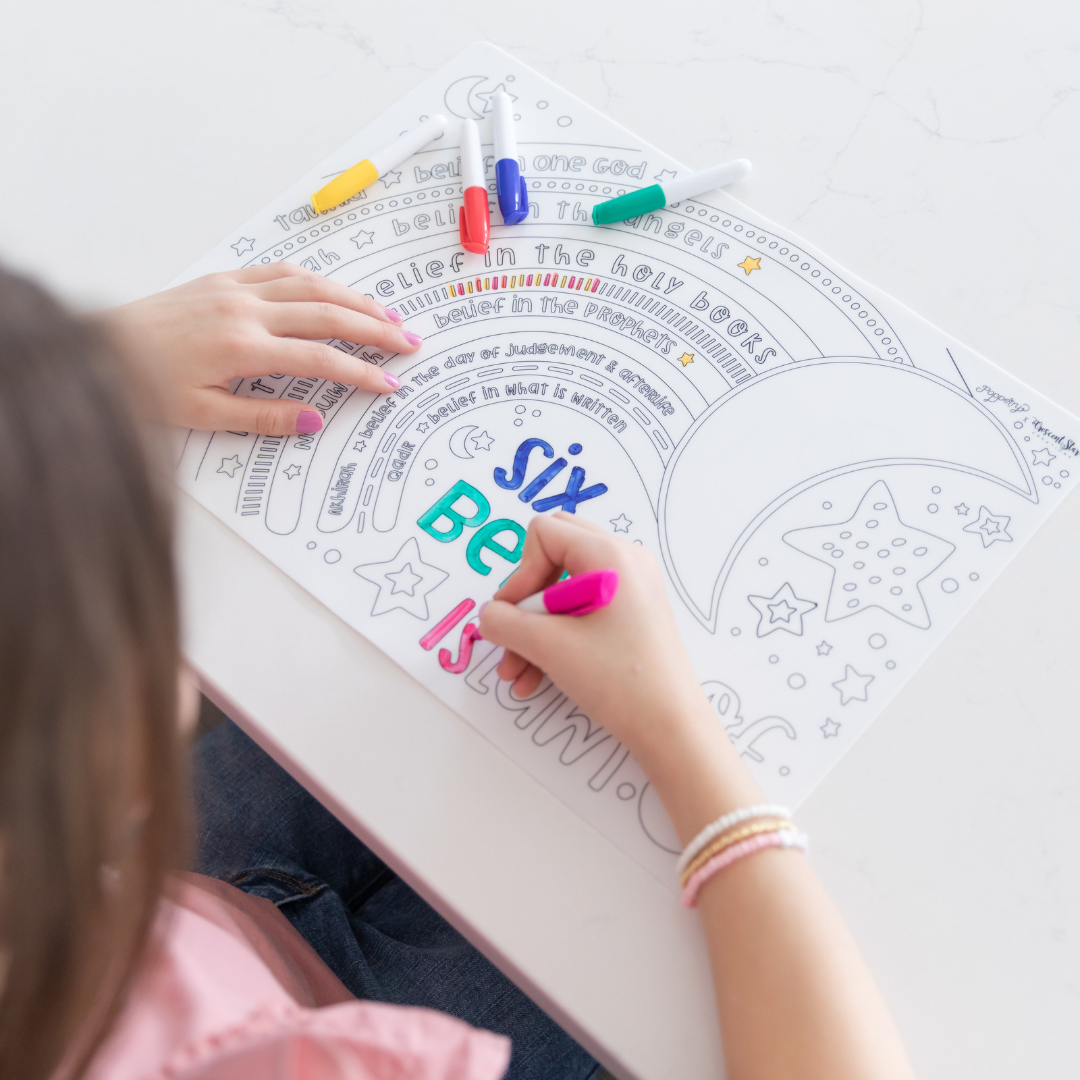 Washable Colouring Placemat: Six Beliefs of Islam - Six beliefs colouring mat - Islamic kids activity placemat - Muslim educational colouring mat - Articles of faith for kids - Reusable Islamic placemat