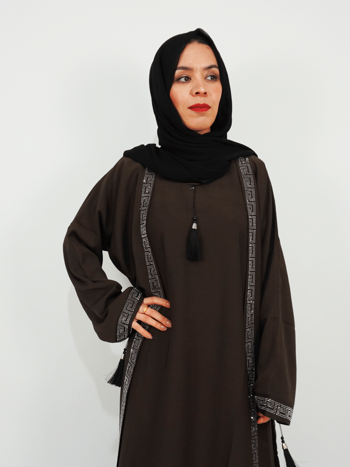 Zoom Nida Open Abaya with Silver Embellishments