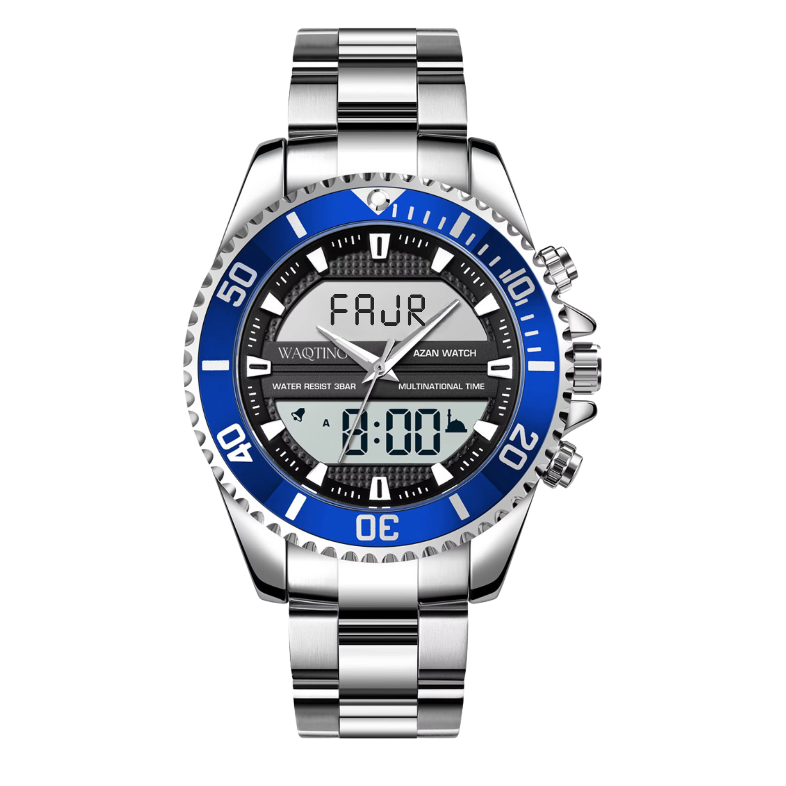 Azure Blue Islamic Prayer Watch - Waqting with Qibla & Auto Prayer Times