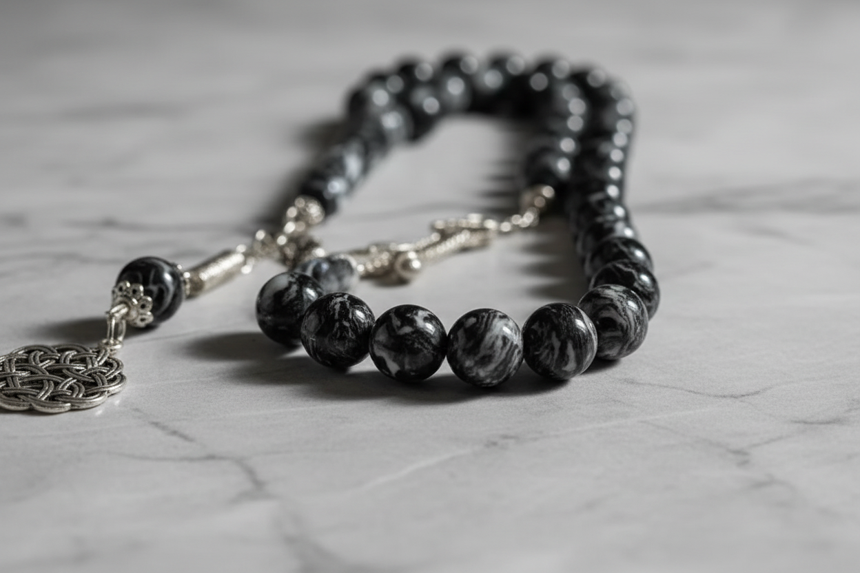 Black Marble-Effect Resin Tasbih 45 Beads with Perfumed Finish