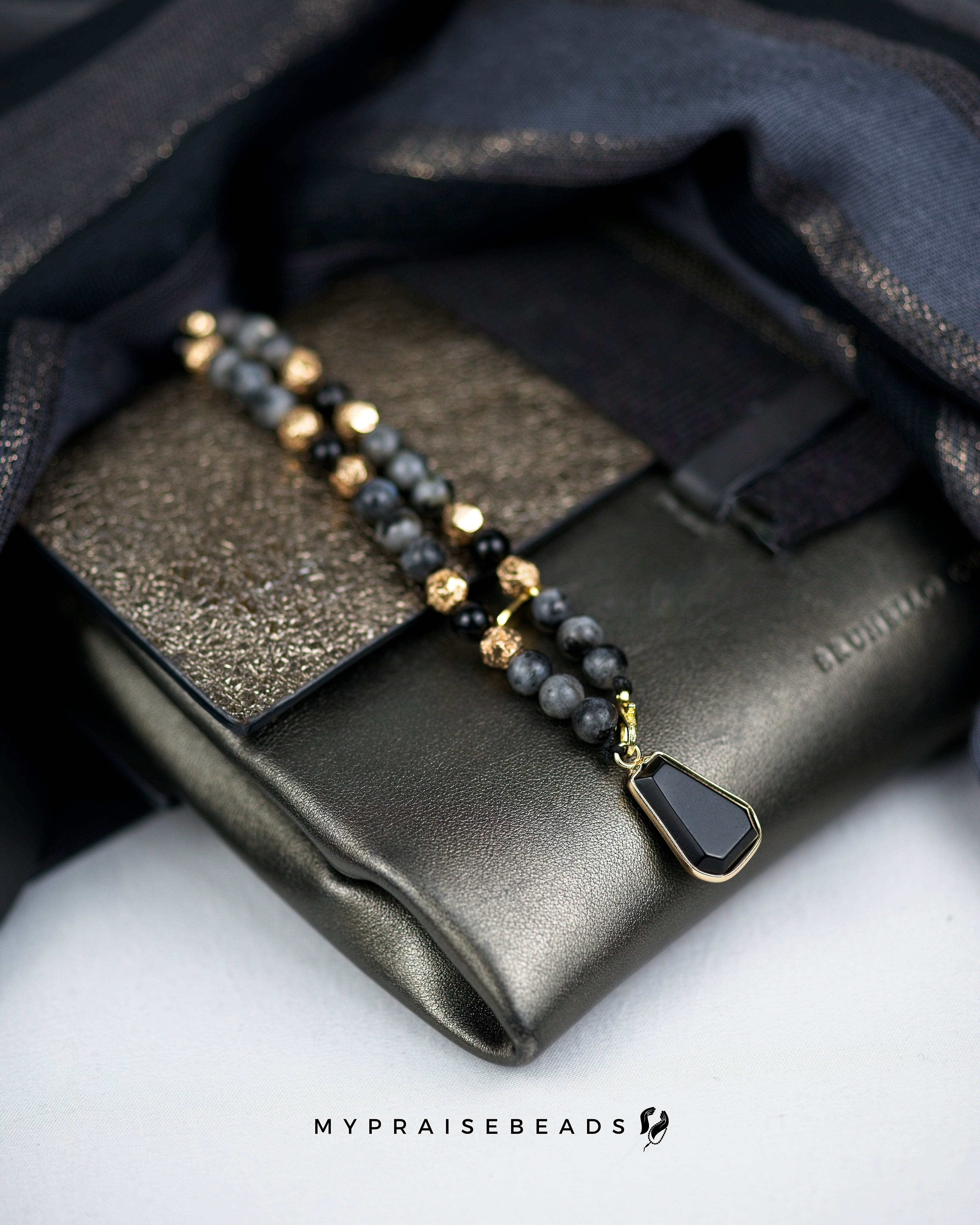 Black & Gold Tasbih Bag Charm — 33 Beads with Luxury Pouch