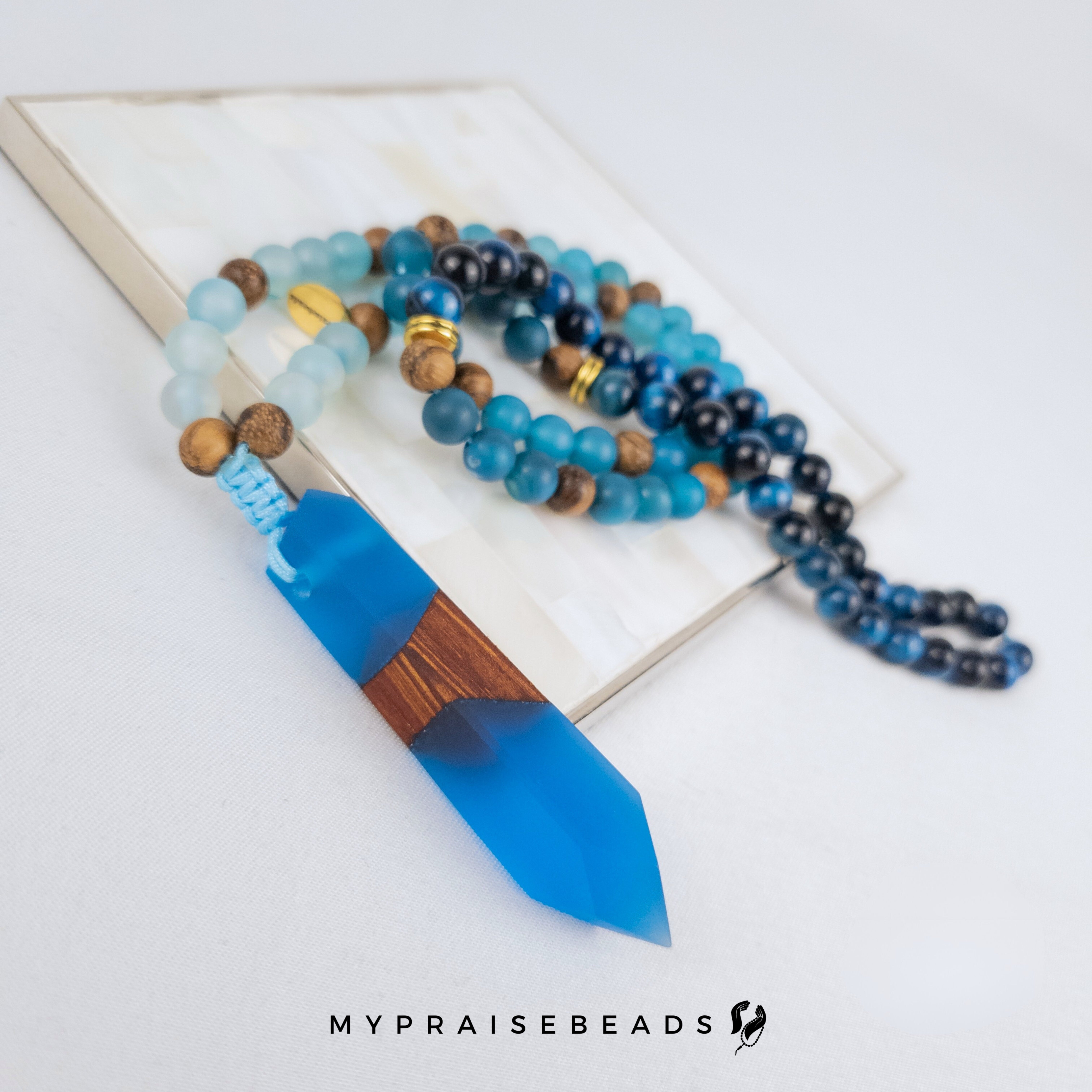 Blue Agate, Tiger Eye & Wood Tasbih - Muslim Prayer Beads - 99 Bead Tasbih - Islamic Gifts