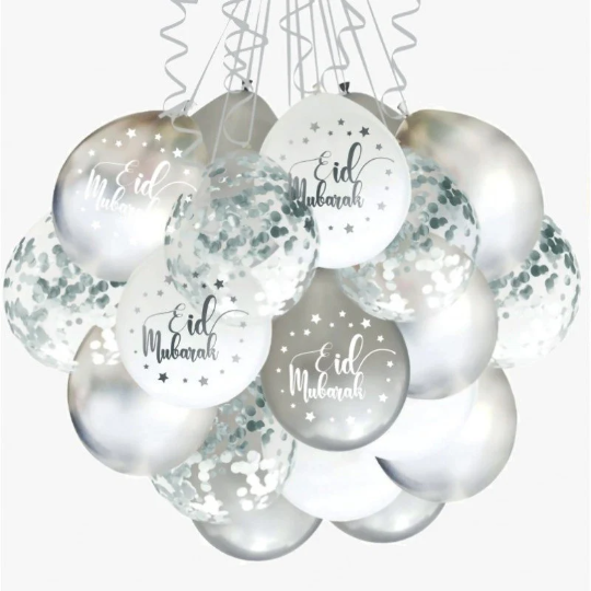 Eid Balloon Mix — Marble Silver Theme (10pcs)