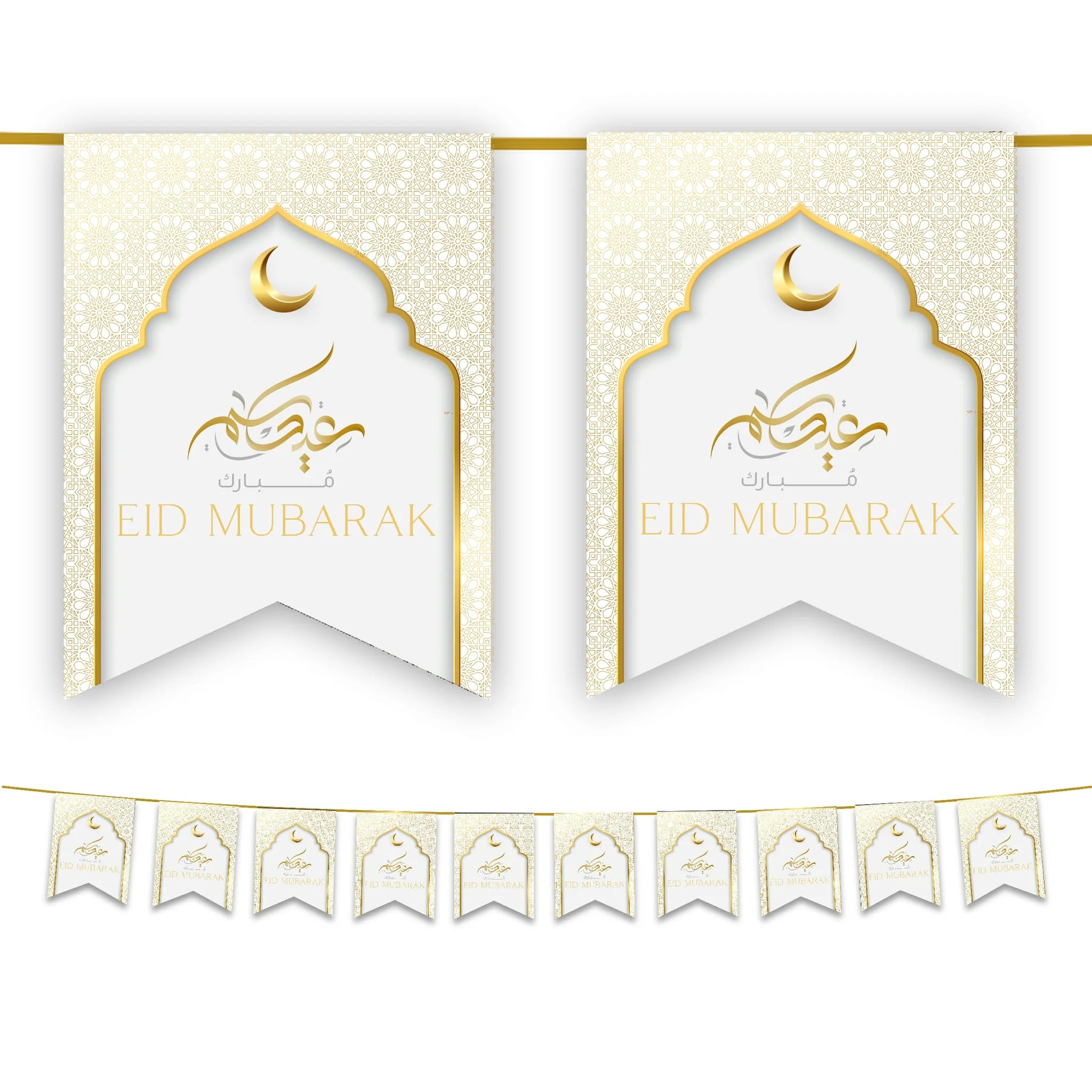 Eid Mubarak Bunting - White & Gold Flags Decoration - Eid flag decor - Eid decor - Eid home decoration - Islamic home decor - Islamic wall decor