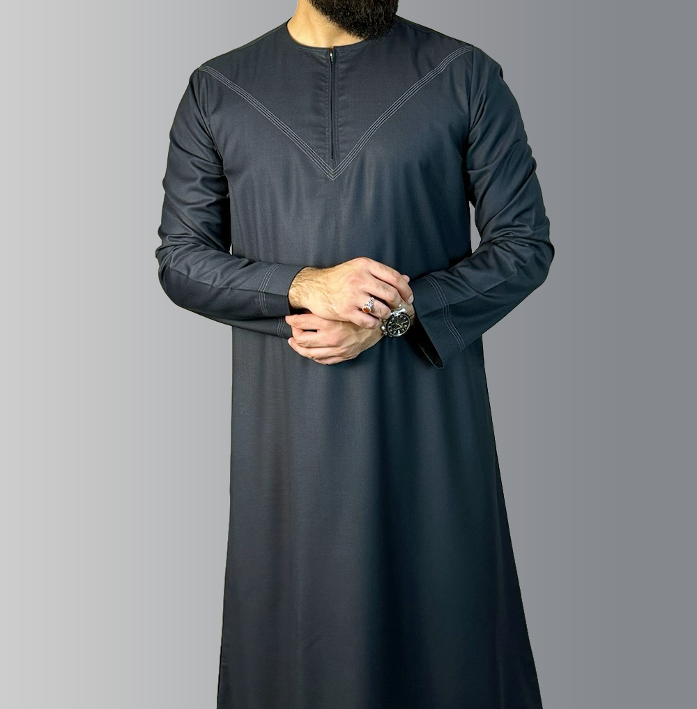 Emirati Thobe in Charcoal with Contrast Details - Modest Clothing For Muslim Men - Muslim Men Clothing - Eid Thobe - Islamic Gift For Him, Brother, Father, Husband